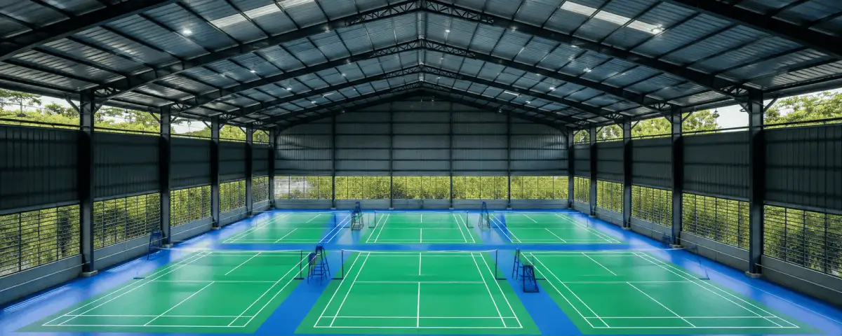 Three-court indoor badminton shed with green synthetic flooring