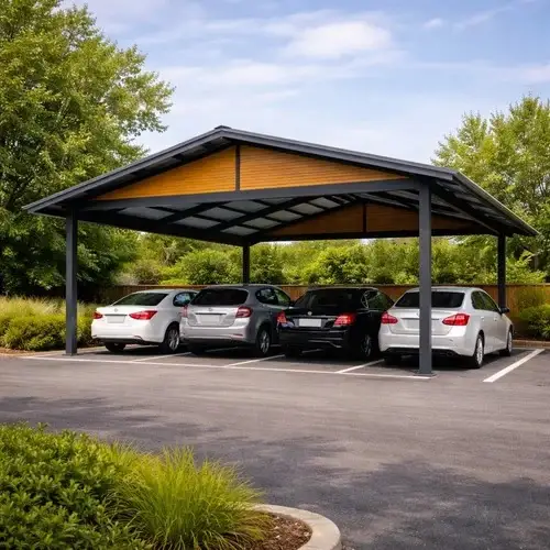 Steel car parking shed with a wood-look ceiling shading four cars