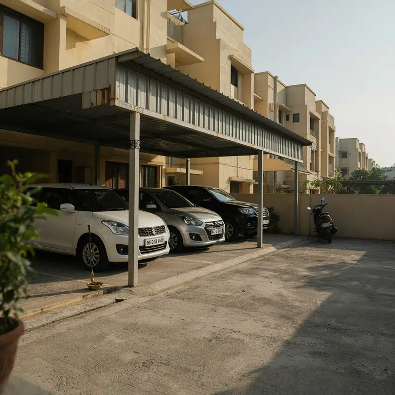 Car parking shed attached to an apartment complex with three cars parked