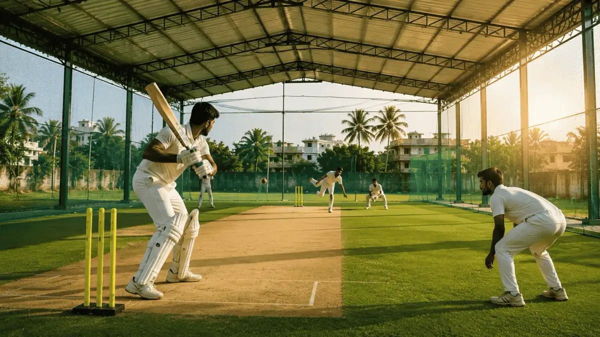 Players practicing in a covered cricket practice shed at sunset