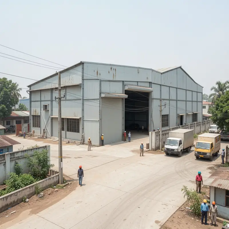 Aerial view of a warehouse and godown shed with trucks loading outside