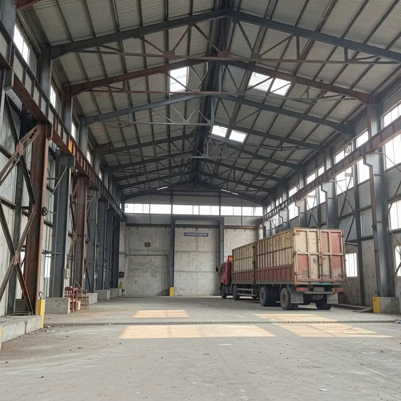 Interior of a warehouse shed with a truck parked for loading