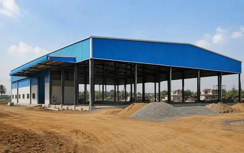 Factory shed under construction with open steel column bays