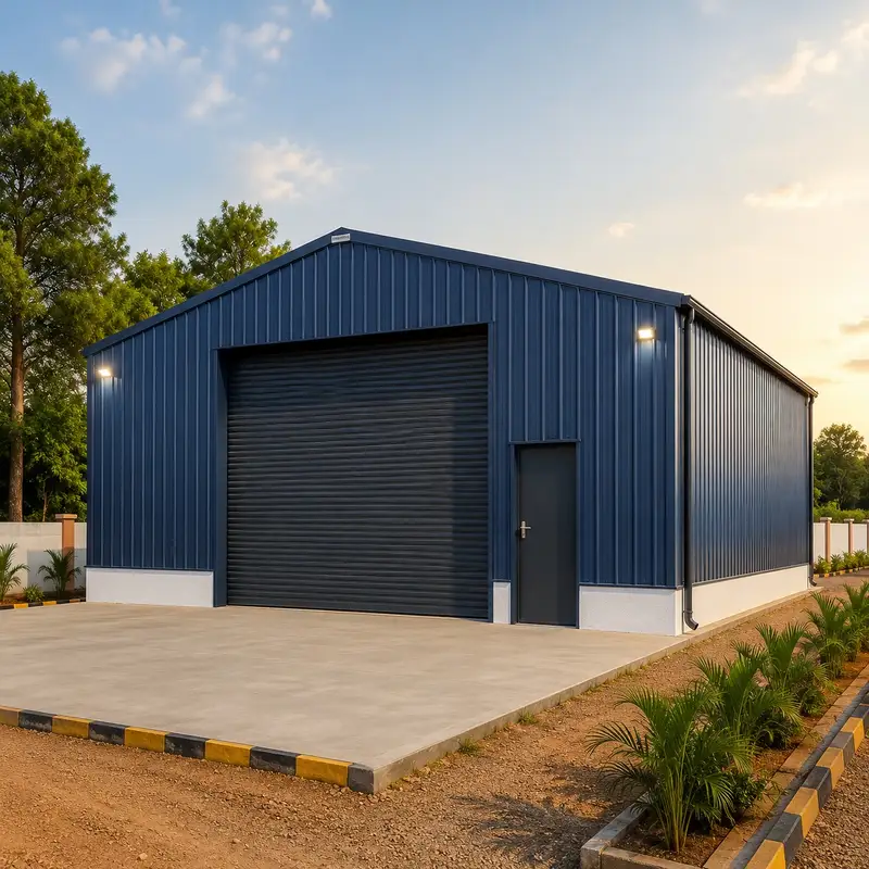 Navy-blue factory shed with a roller shutter door and side entrance