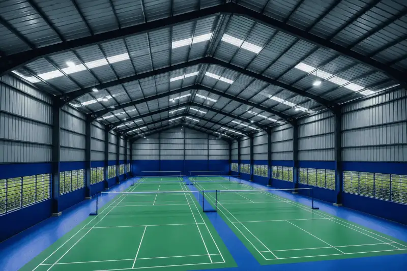 Empty indoor badminton courts under a steel-truss roof